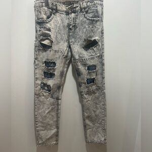 WEST 49 size 13/14 skinny fit distressed jeans, frayed hems, zipper buckle front